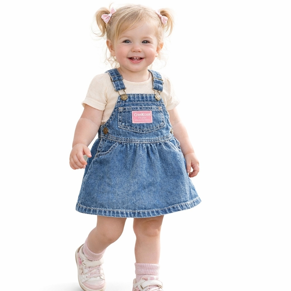 Vintage OshKosh B’gosh 90s Denim Jumper Dress USA Pink Tag Baby Overall Sz 18 Mo